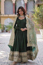 Olive Green Shimmer Vichitra Rich Sequins Embroidered Gown With Heavy Dupatta
