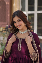 Wine Sequins Embroidery Work Gown With Heavy Dupatta