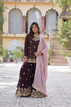 Magenta Purple Sequins Embroidery Work Kurti Palazzo Suit With Contras Dupatta