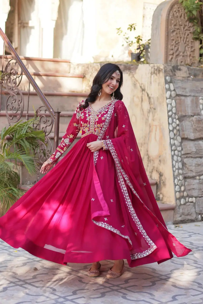Rose Red Beautiful Thread Sequins Embroidery Work Gown And Dupatta