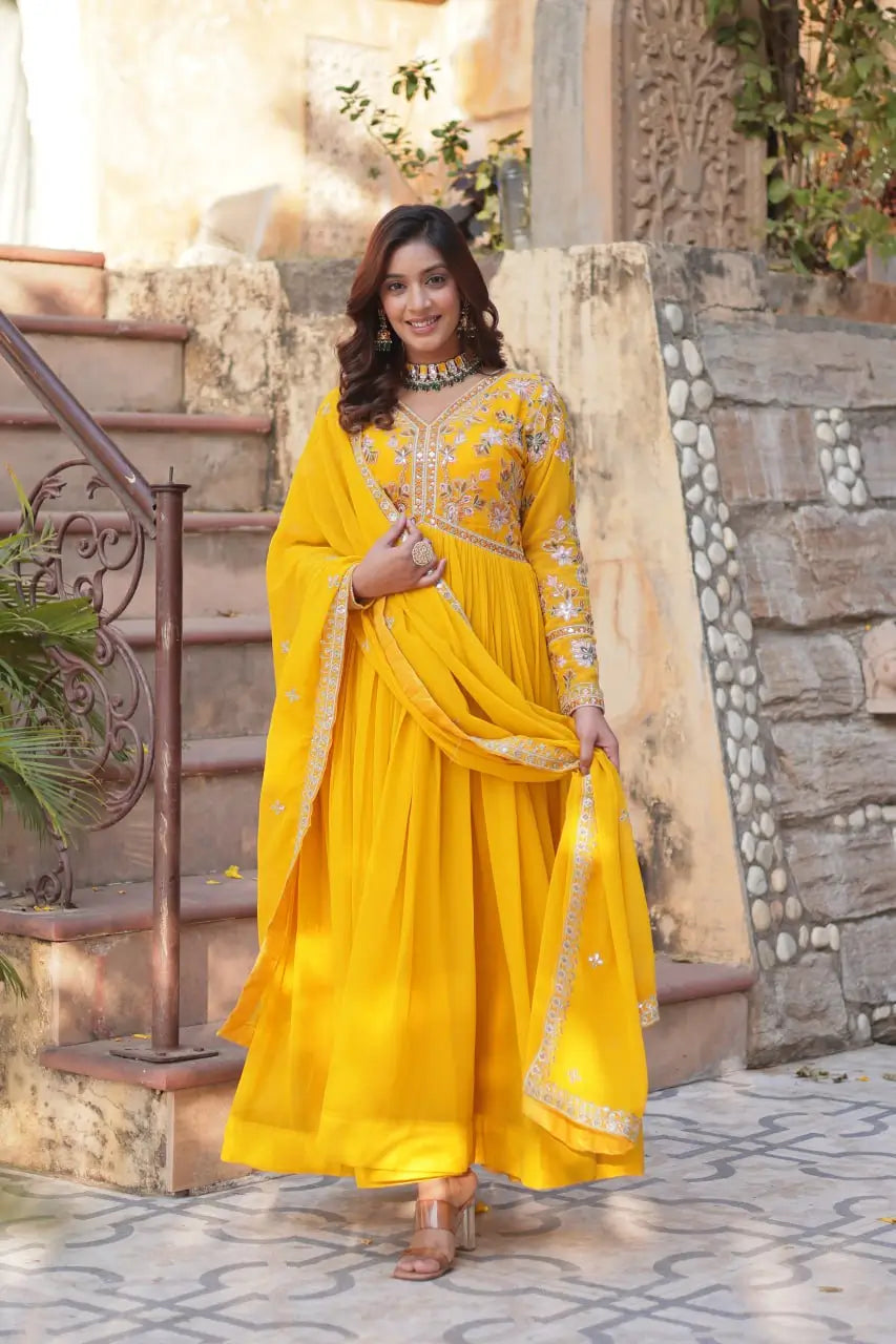 Lightning Yellow Beautiful Thread Sequins Embroidery Work Gown And Dupatta - qivii