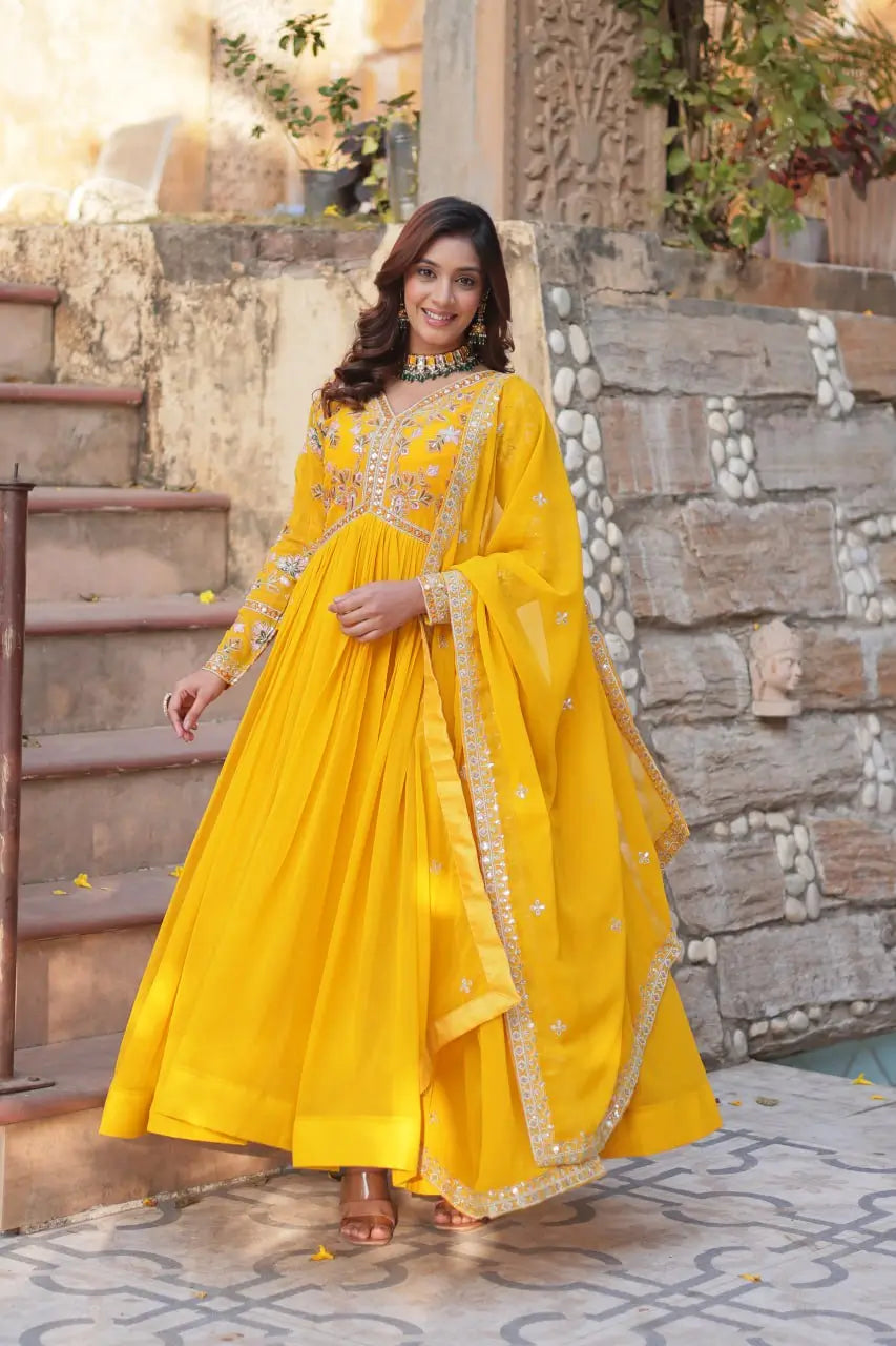 Lightning Yellow Beautiful Thread Sequins Embroidery Work Gown And Dupatta
