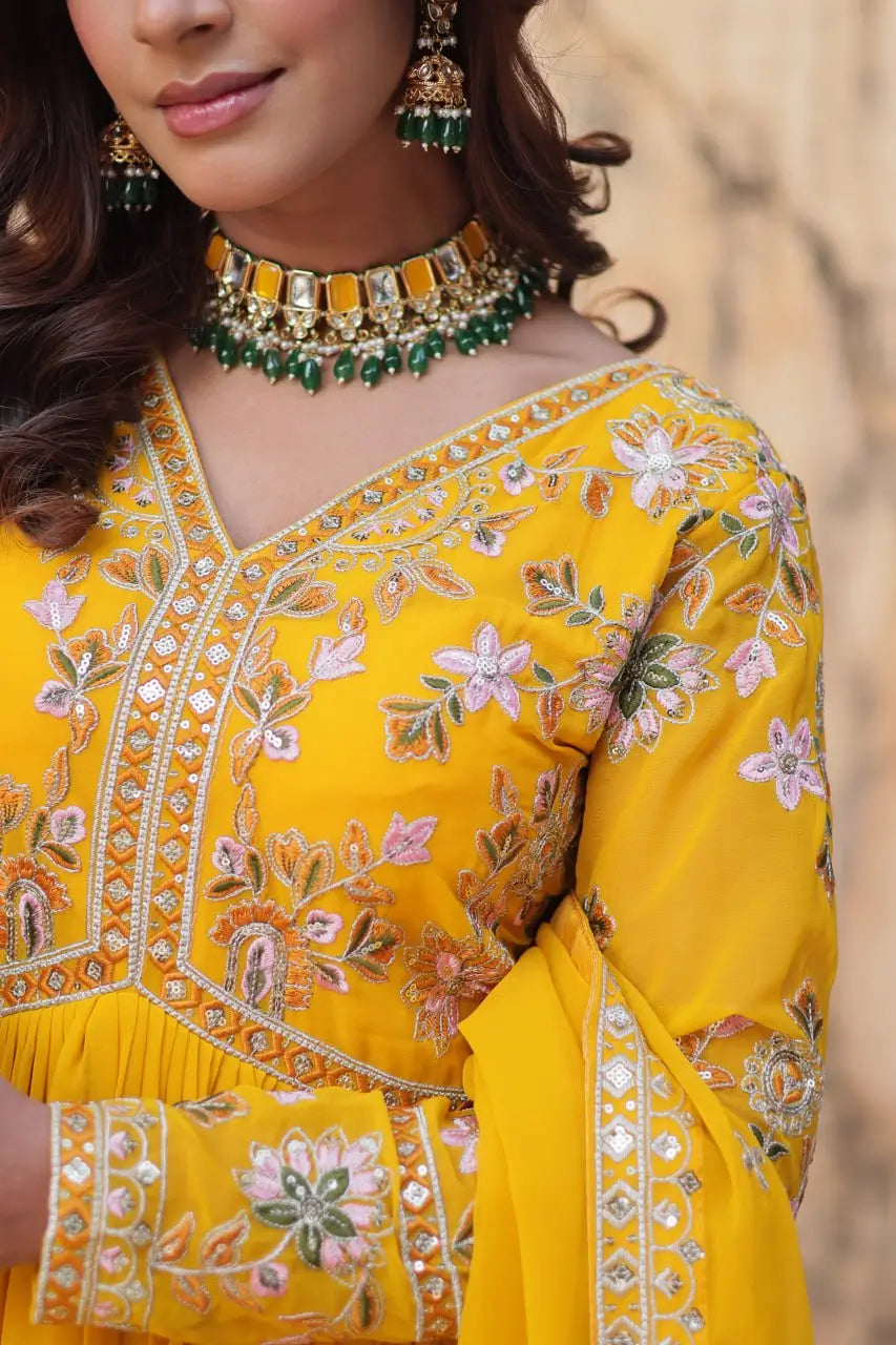 Lightning Yellow Beautiful Thread Sequins Embroidery Work Gown And Dupatta - qivii