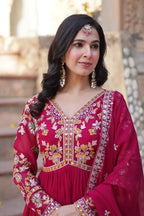 Rose Red Beautiful Thread Sequins Embroidery Work Gown And Dupatta