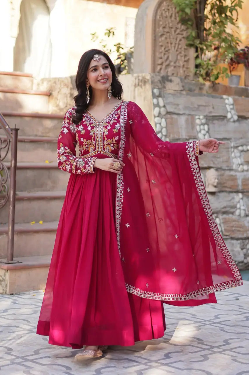 Rose Red Beautiful Thread Sequins Embroidery Work Gown And Dupatta - qivii