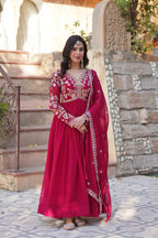 Rose Red Beautiful Thread Sequins Embroidery Work Gown And Dupatta