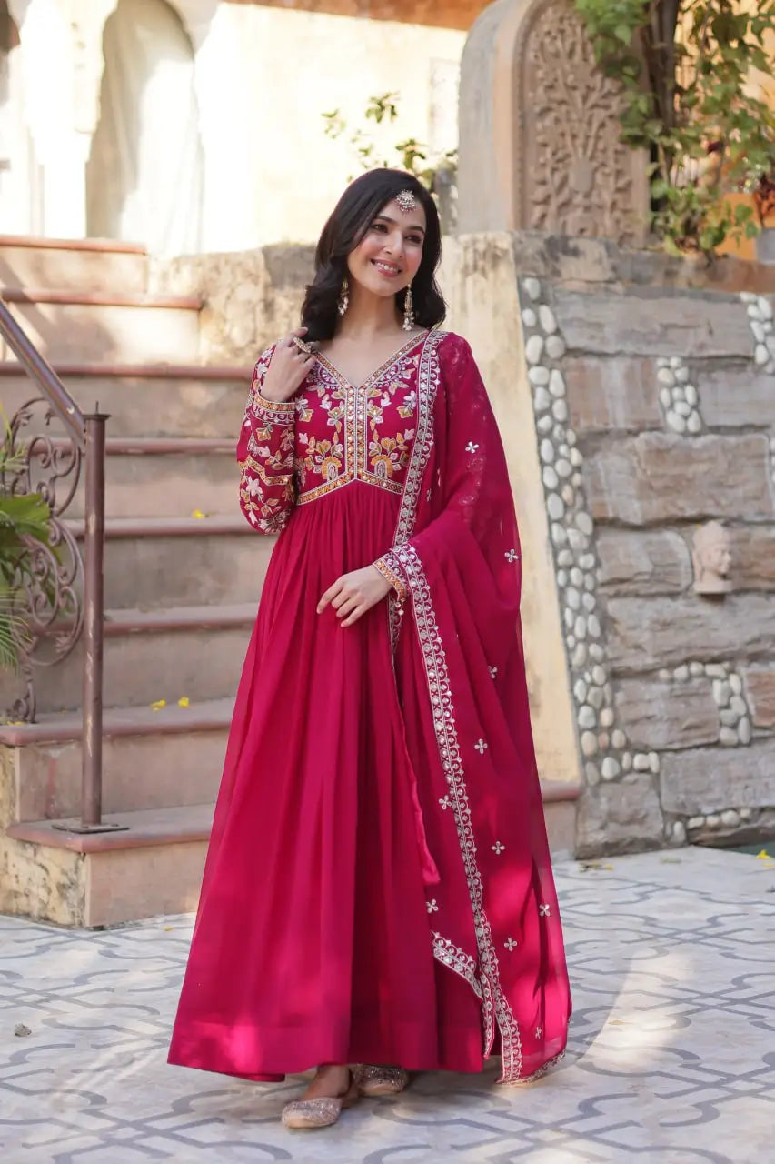 Rose Red Beautiful Thread Sequins Embroidery Work Gown And Dupatta - qivii