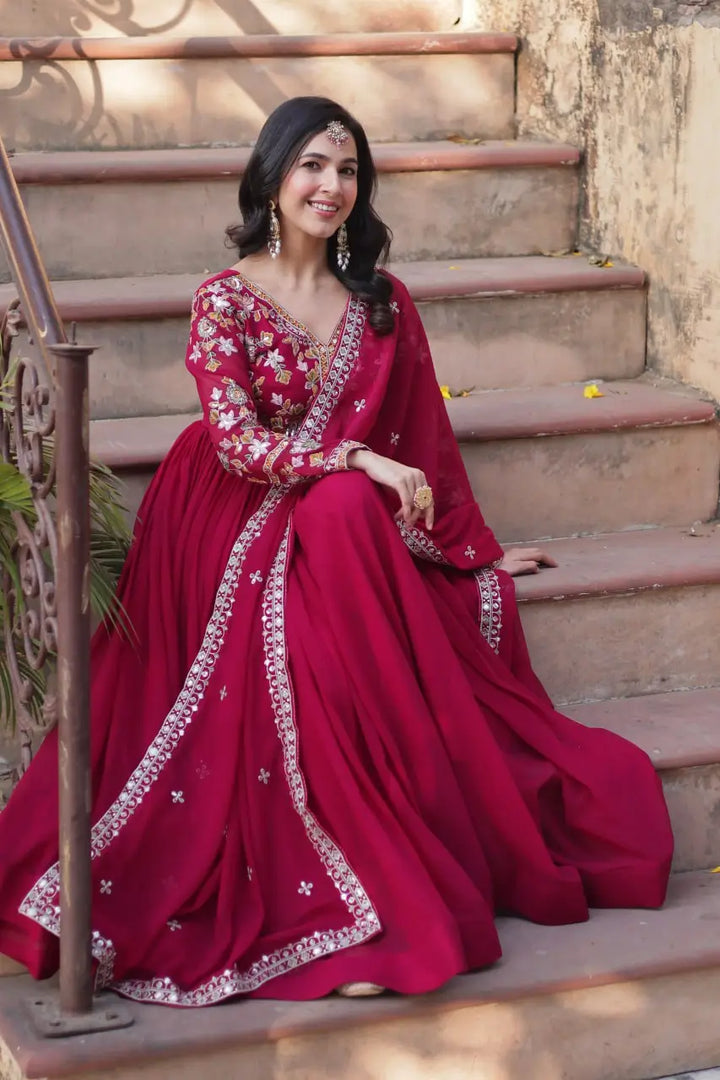 Rose Red Beautiful Thread Sequins Embroidery Work Gown And Dupatta - qivii