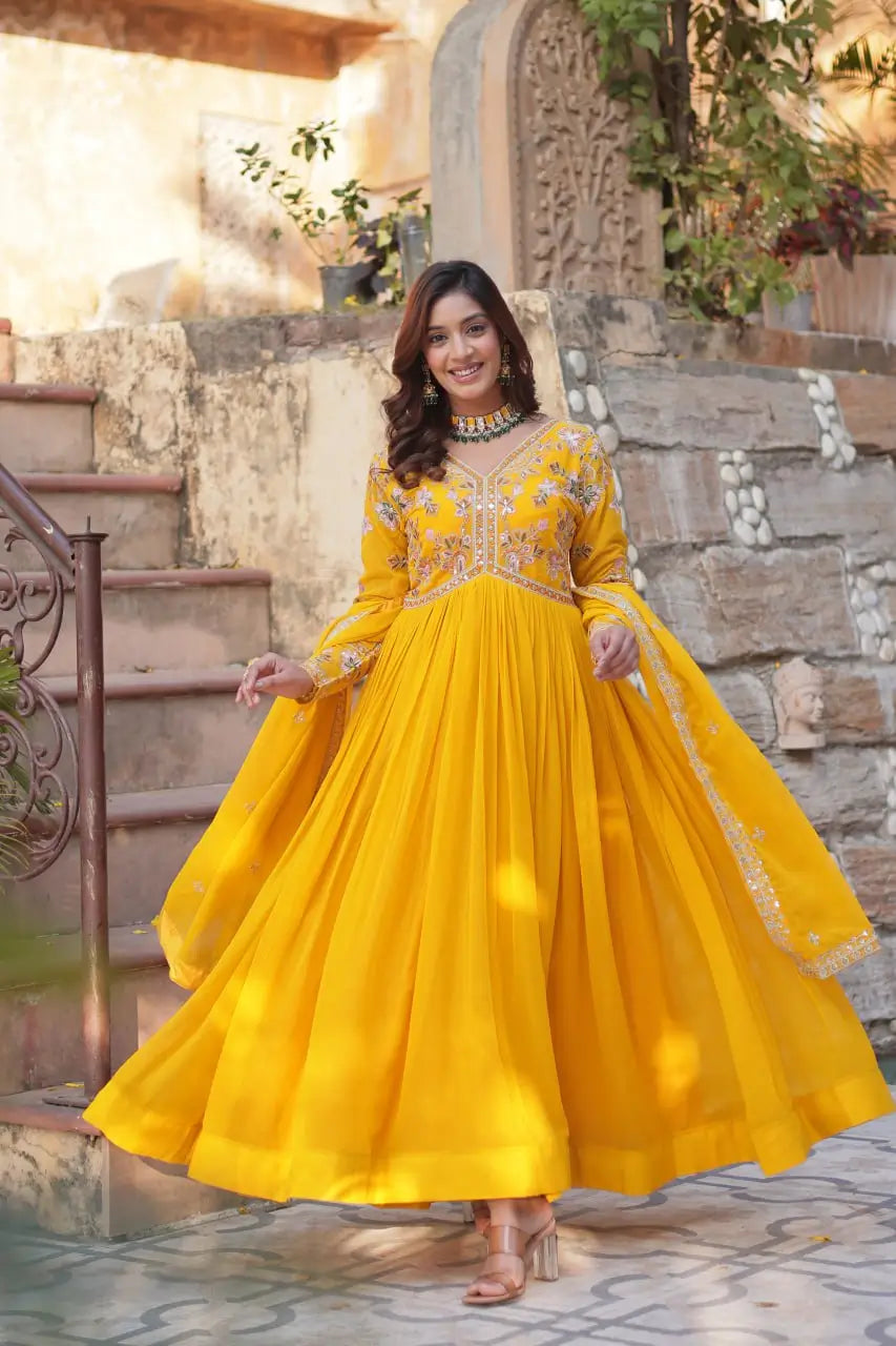 Lightning Yellow Beautiful Thread Sequins Embroidery Work Gown And Dupatta - qivii