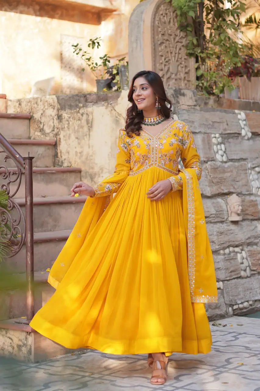 Lightning Yellow Beautiful Thread Sequins Embroidery Work Gown And Dupatta