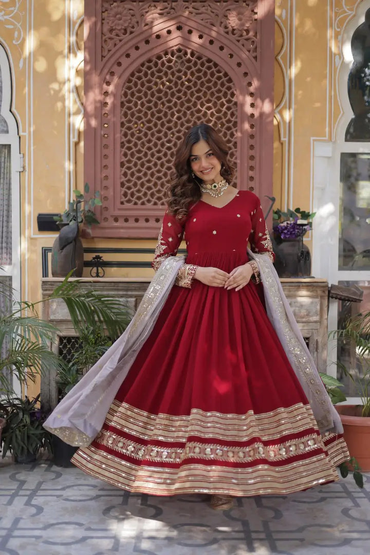 Merlot Red Sequins Embroidery Work Gown With Contras Dupatta - qivii