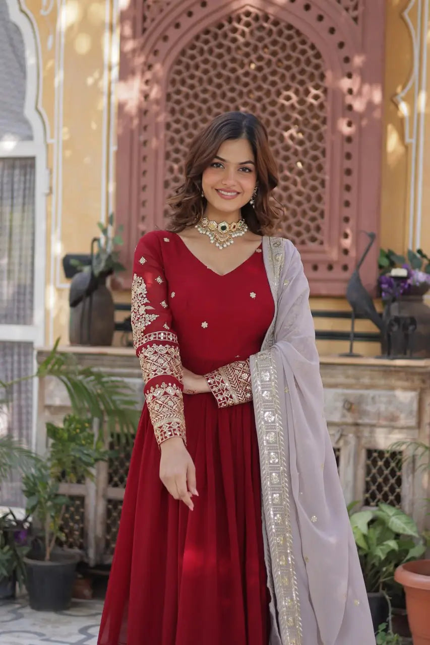 Merlot Red Sequins Embroidery Work Gown With Contras Dupatta - qivii