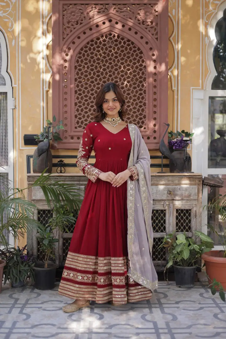 Merlot Red Sequins Embroidery Work Gown With Contras Dupatta - qivii
