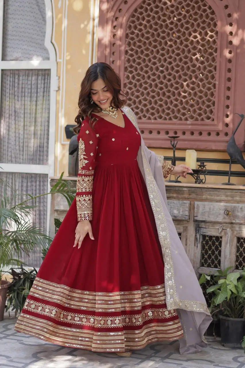 Merlot Red Sequins Embroidery Work Gown With Contras Dupatta - qivii