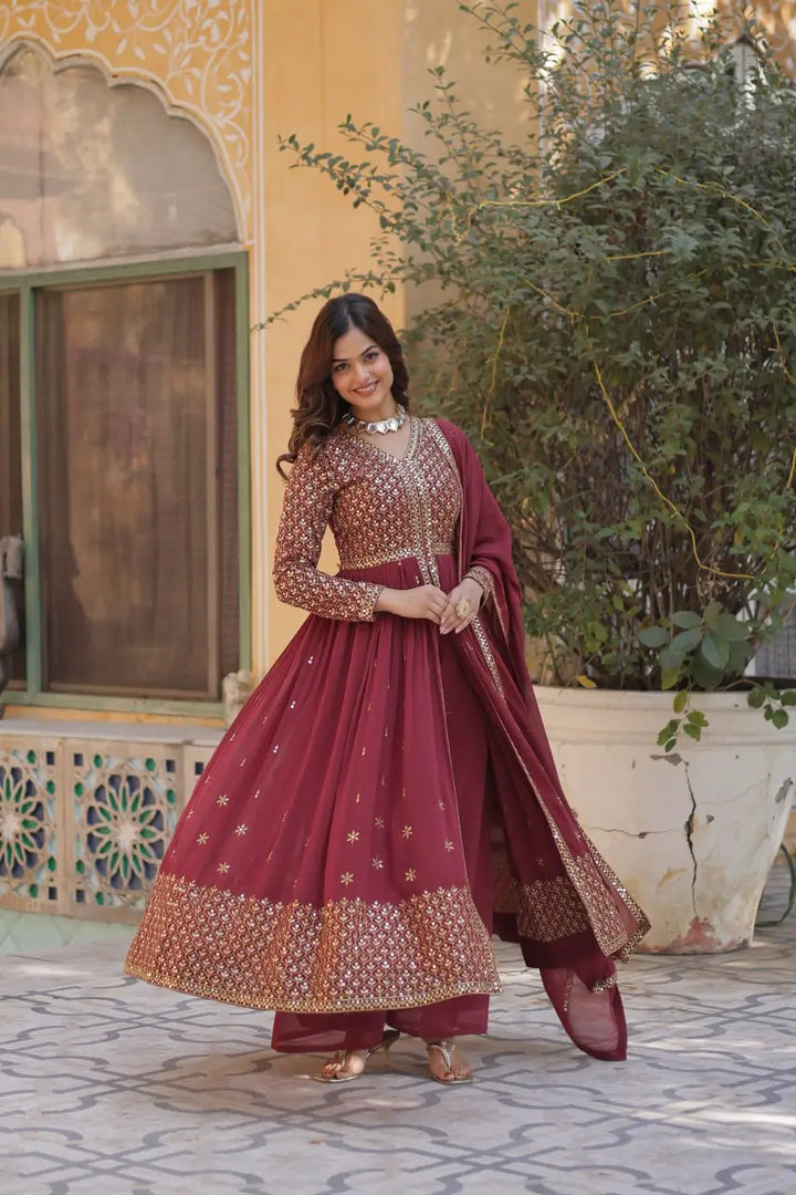 Solid Maroon Georgette Sequins Embroidery Work Front Cut Gown And Dupatta - qivii