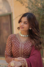Solid Maroon Georgette Sequins Embroidery Work Front Cut Gown And Dupatta