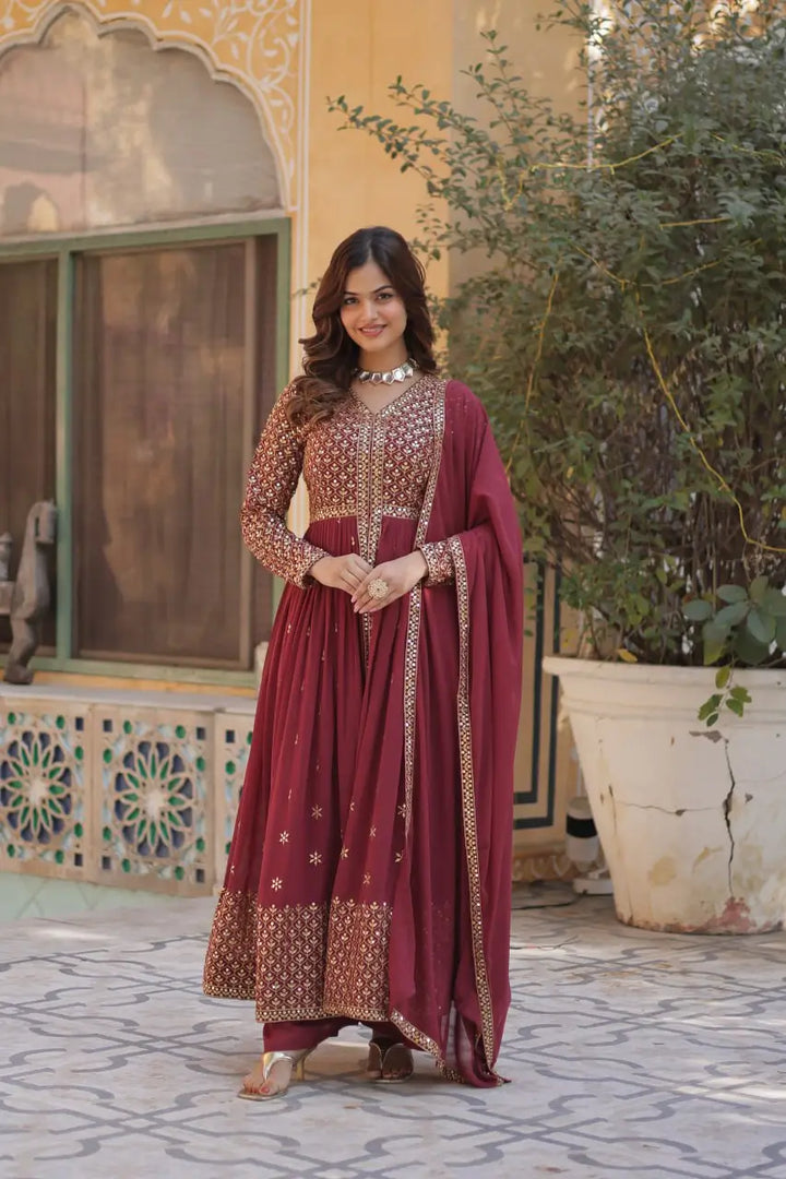 Solid Maroon Georgette Sequins Embroidery Work Front Cut Gown And Dupatta - qivii