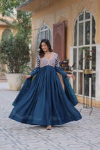Teal Blue Embroidery Beads Sequins Work Georgette Gown With Dupatta