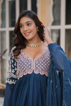 Teal Blue Embroidery Beads Sequins Work Georgette Gown With Dupatta