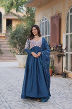 Teal Blue Embroidery Beads Sequins Work Georgette Gown With Dupatta