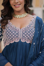 Teal Blue Embroidery Beads Sequins Work Georgette Gown With Dupatta