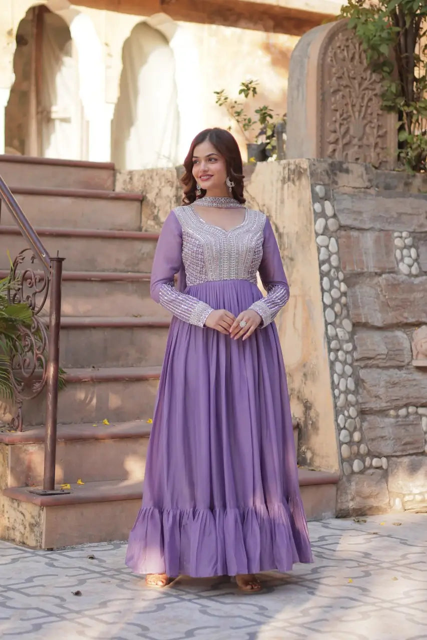 Lilac Purple Georgette Embroidery Beads Sequins Work Gown With Dupatta - qivii