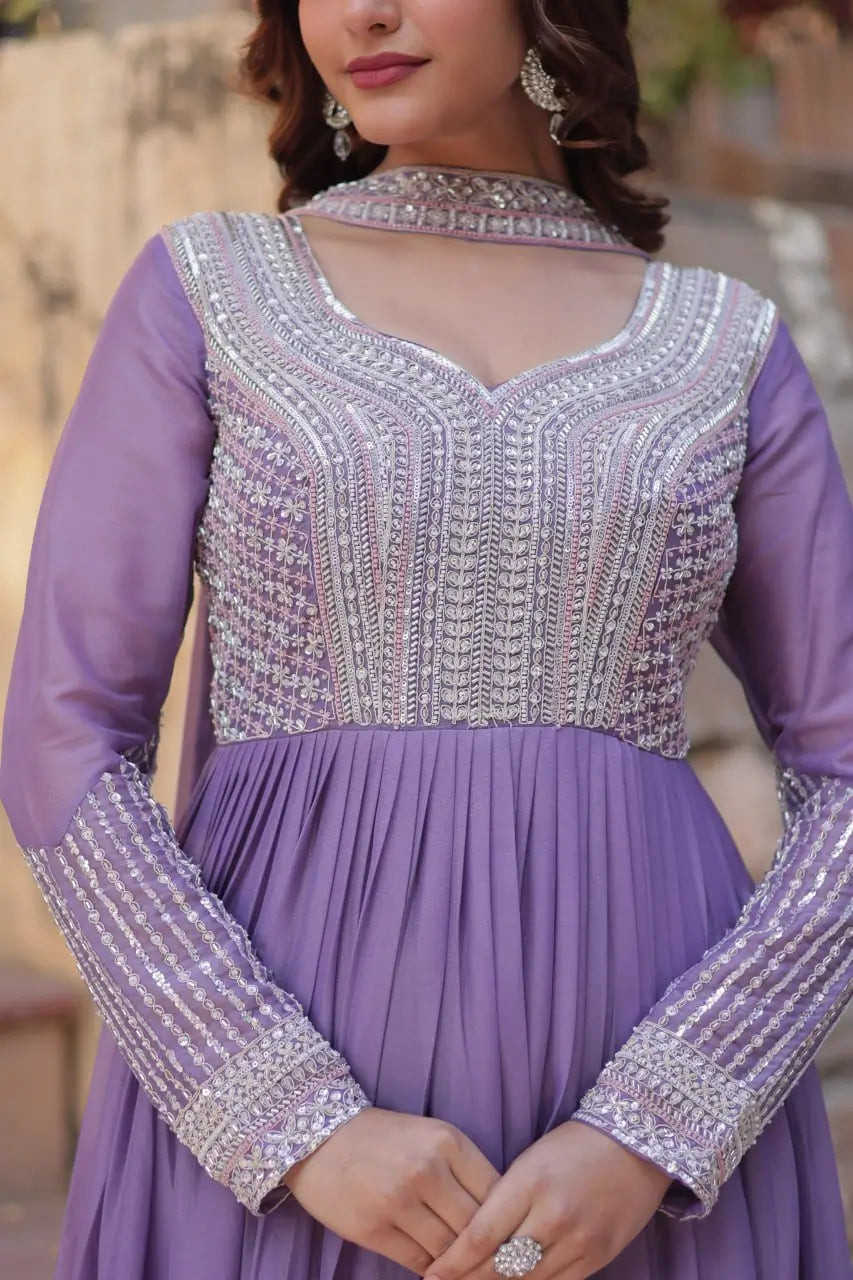 Lilac Purple Georgette Embroidery Beads Sequins Work Gown With Dupatta - qivii