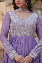 Lilac Purple Georgette Embroidery Beads Sequins Work Gown With Dupatta