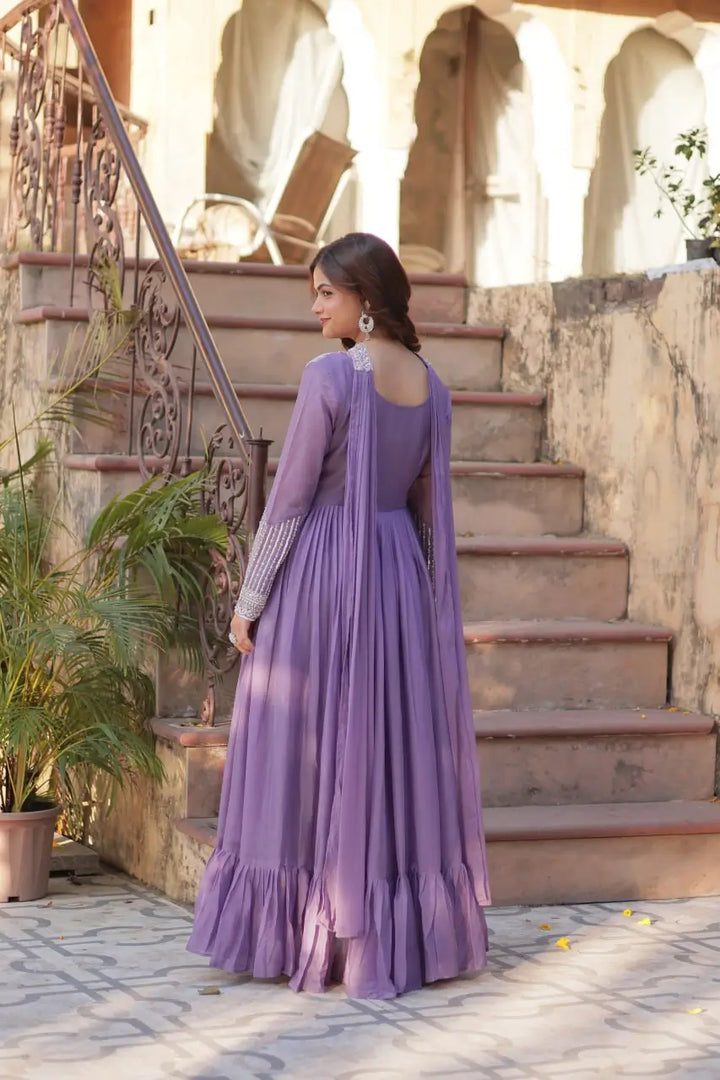 Lilac Purple Georgette Embroidery Beads Sequins Work Gown With Dupatta - qivii