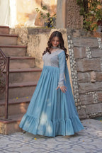 Sky Blue Georgette Embroidery Beads Sequins Work Gown With Dupatta