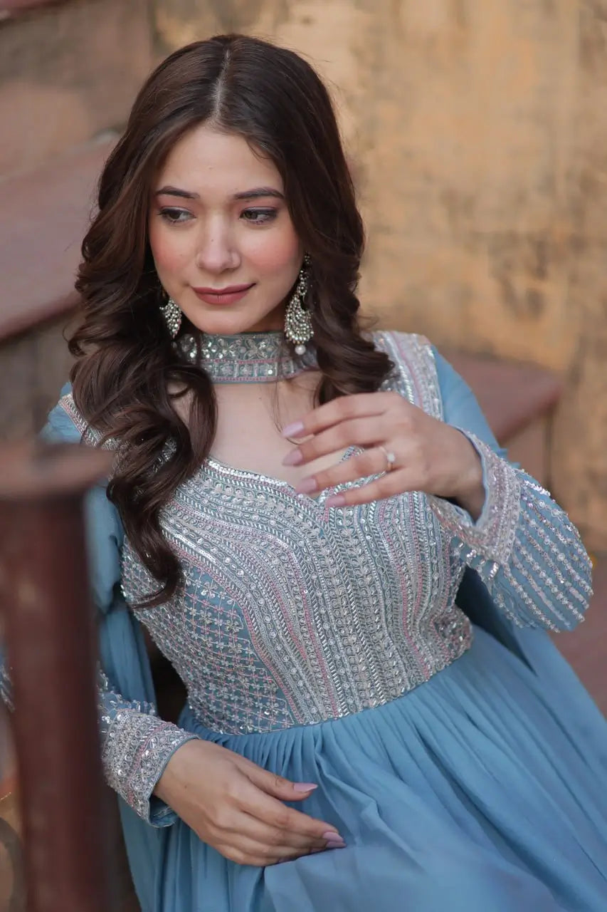 Sky Blue Georgette Embroidery Beads Sequins Work Gown With Dupatta - qivii