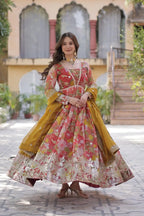 Red With Multi Floral Print Foil Embroidery Sequins Work Gown With Dupatta