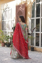 Sky Blue With Multi Floral Print Embroidery Sequins Work Gown With Dupatta