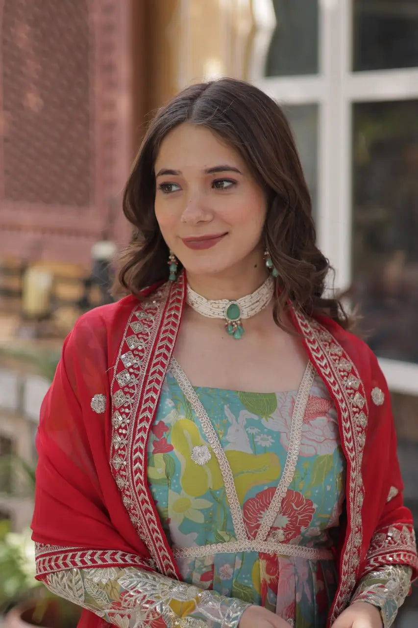 Sky Blue With Multi Floral Print Embroidery Sequins Work Gown With Dupatta