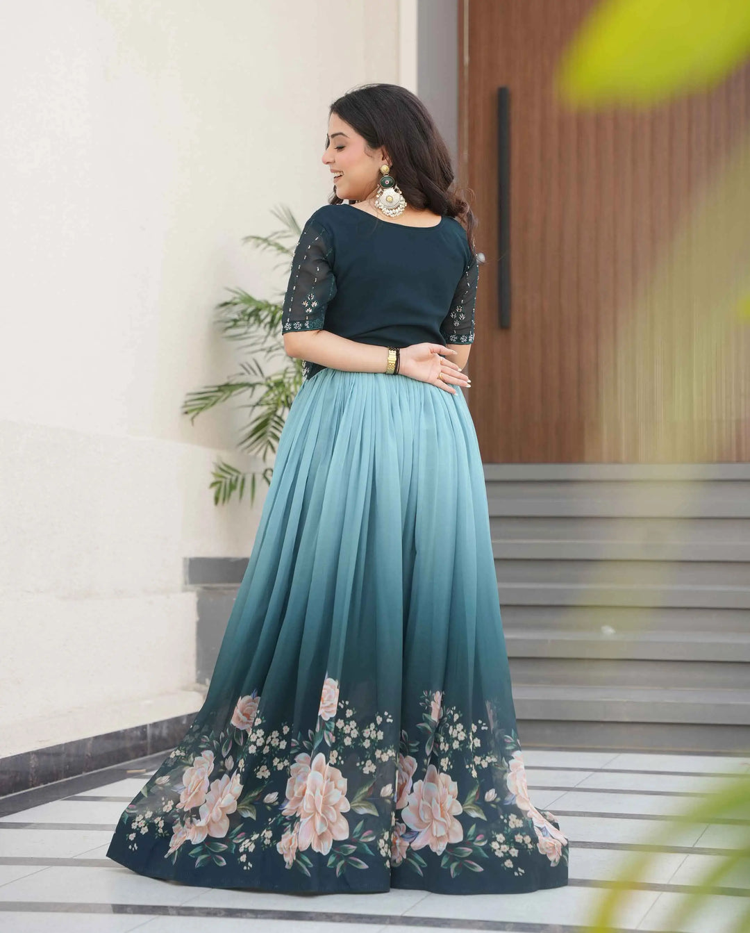 Teal Blue Floral Padding Digital Print Gown With Beads Embroidery Work - qivii