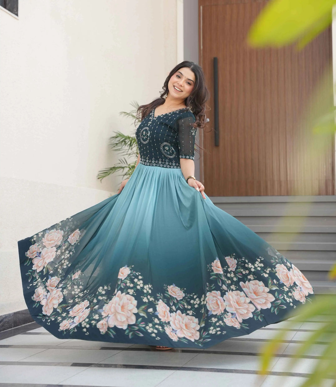 Teal Blue Floral Padding Digital Print Gown With Beads Embroidery Work - qivii