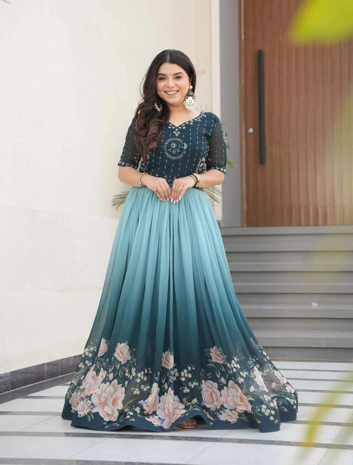 Teal Blue Floral Padding Digital Print Gown With Beads Embroidery Work - qivii