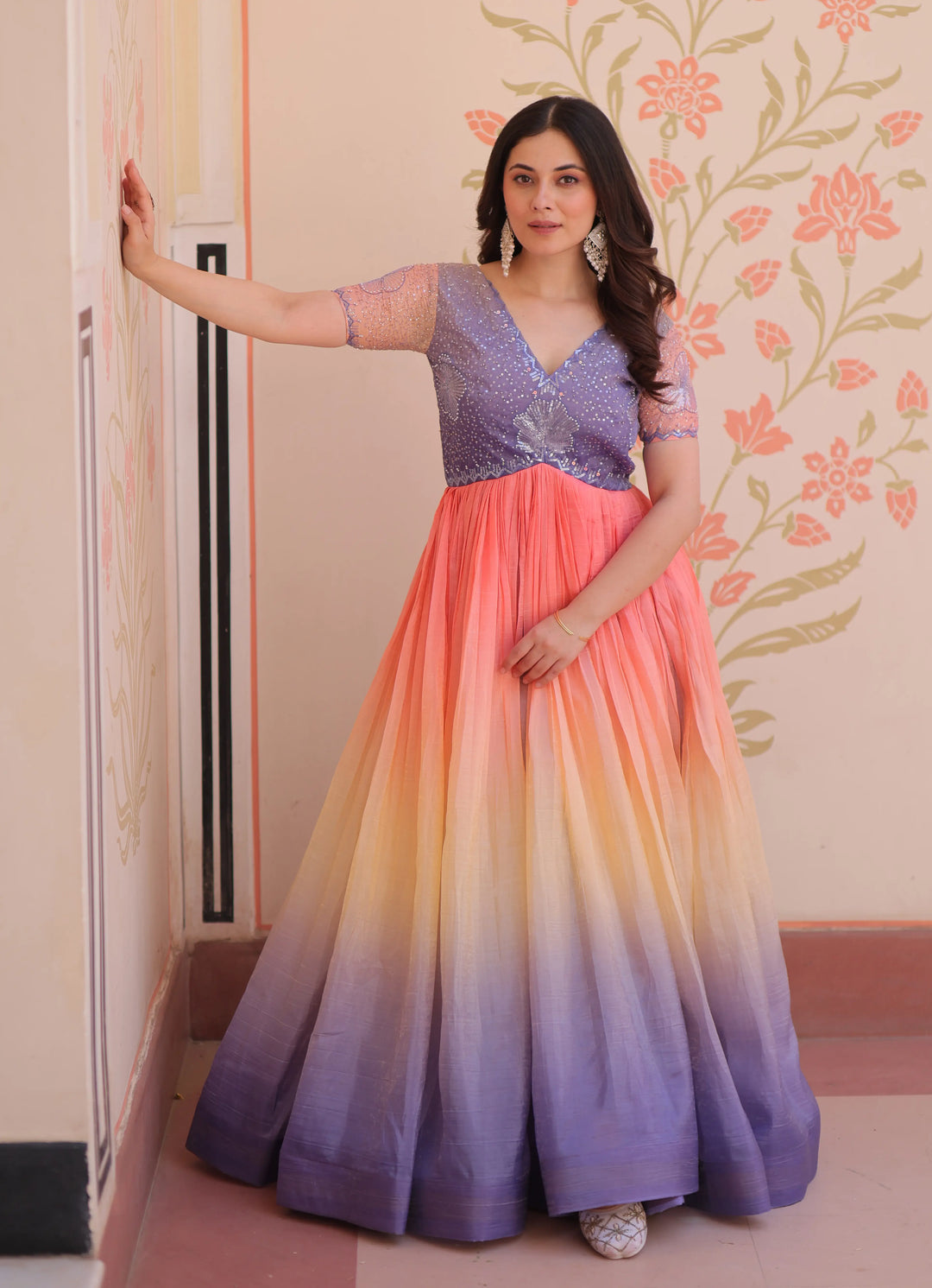 Designer Lavender Color Padding With Beads Embroidery Work Gown - qivii