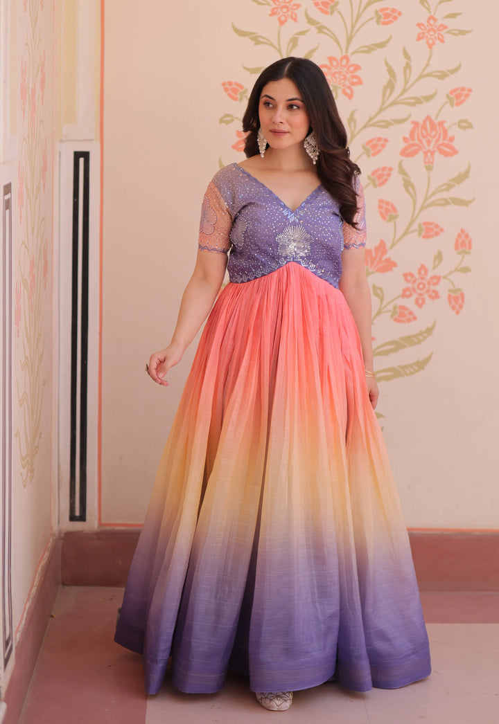 Designer Lavender Color Padding With Beads Embroidery Work Gown - qivii