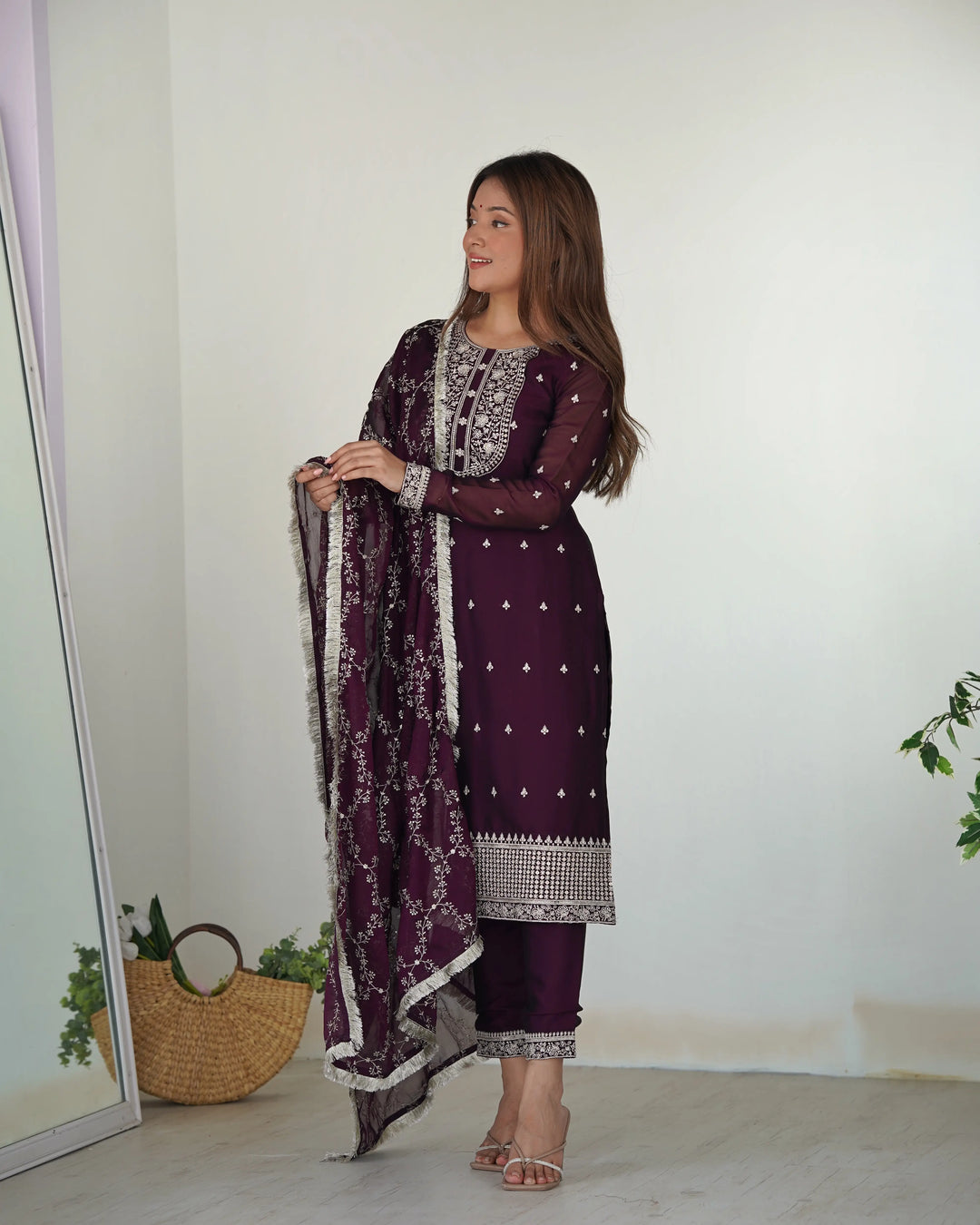 Glossy In Wine Embroidery Sequence And Thread Work  Ready To Wear Salwar suit - qivii