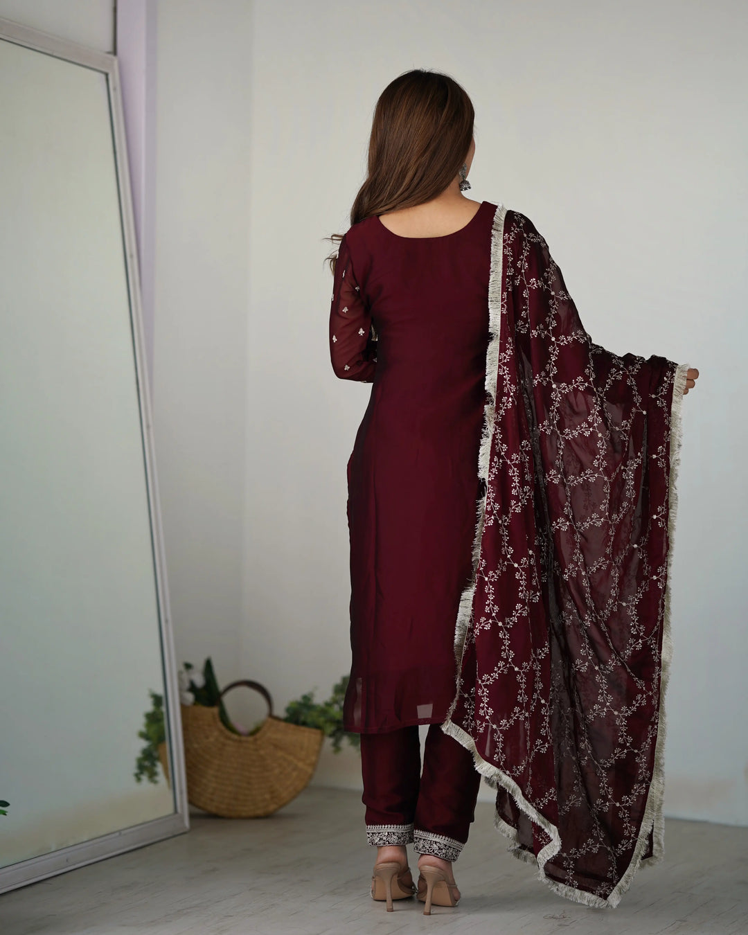 Classic In Maroon Embroidery Sequence And Thread Work  Ready To Wear Salwar suit - qivii