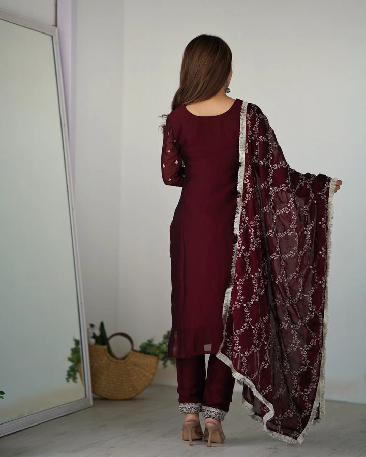 Classic In Maroon Embroidery Sequence And Thread Work  Ready To Wear Salwar suit - qivii