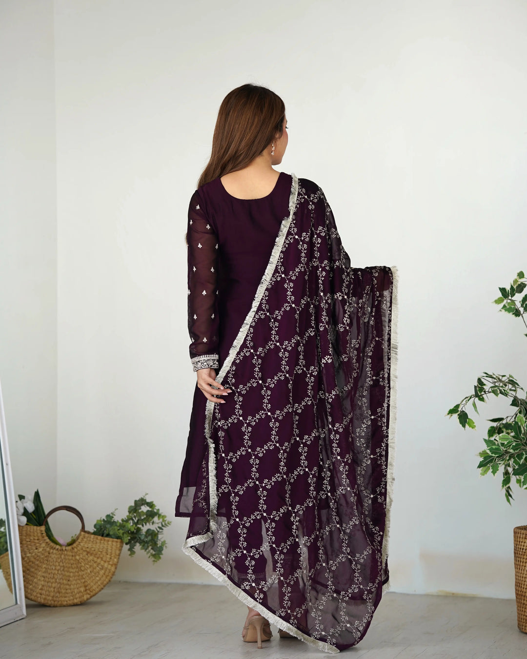 Glossy In Wine Embroidery Sequence And Thread Work  Ready To Wear Salwar suit - qivii