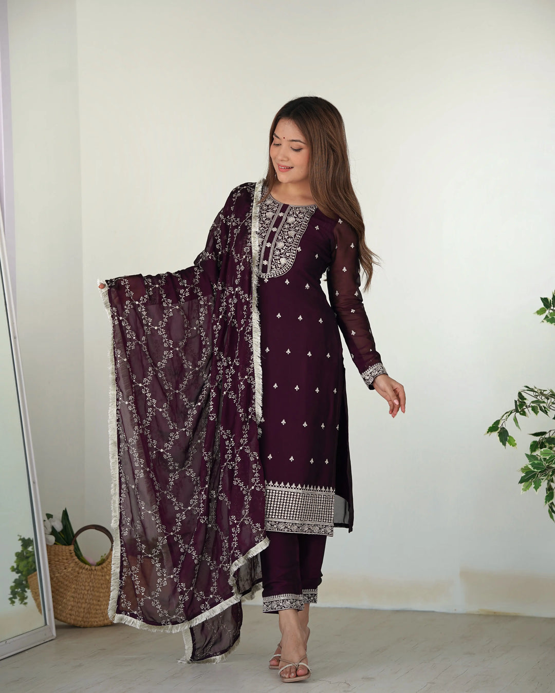 Glossy In Wine Embroidery Sequence And Thread Work  Ready To Wear Salwar suit - qivii