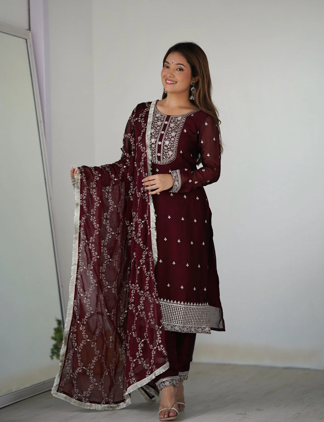 Classic In Maroon Embroidery Sequence And Thread Work  Ready To Wear Salwar suit - qivii