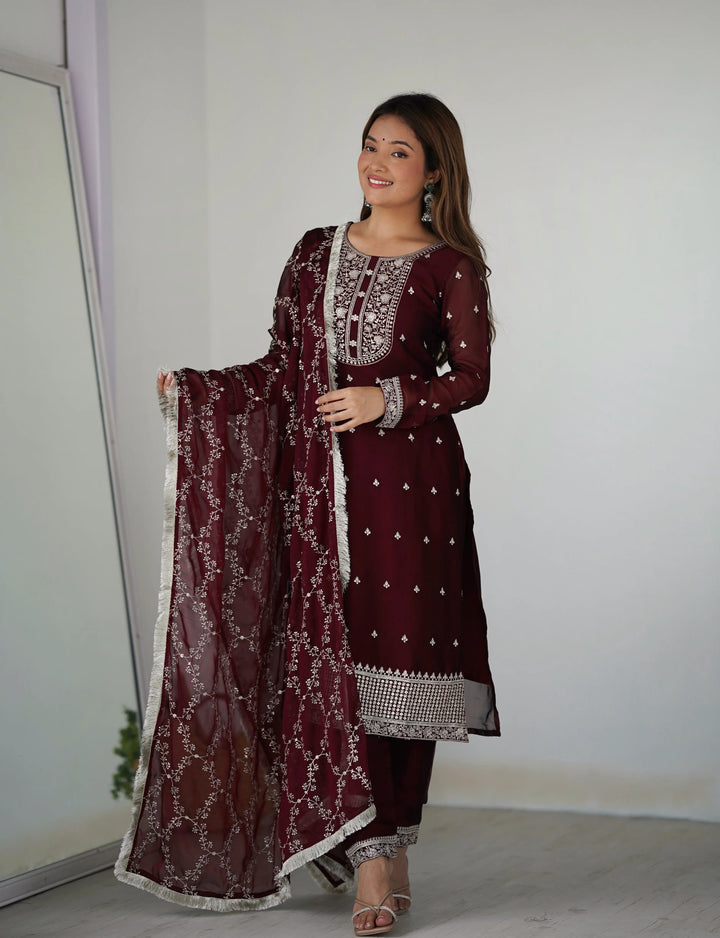 Classic In Maroon Embroidery Sequence And Thread Work  Ready To Wear Salwar suit - qivii
