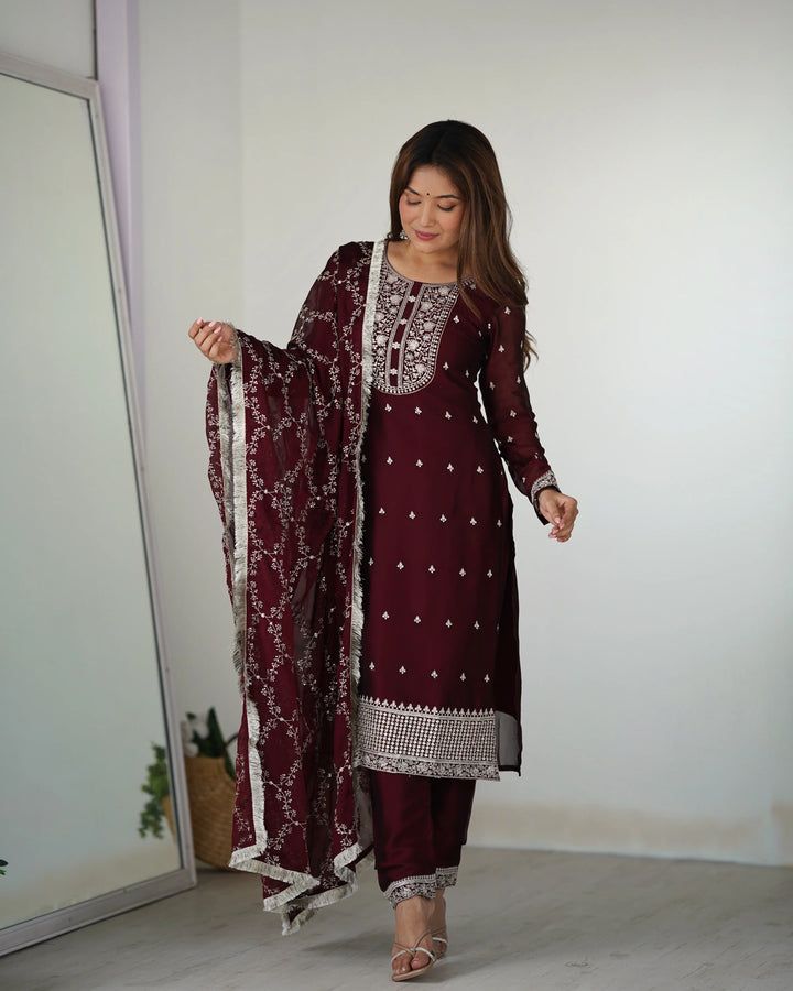 Classic In Maroon Embroidery Sequence And Thread Work  Ready To Wear Salwar suit - qivii