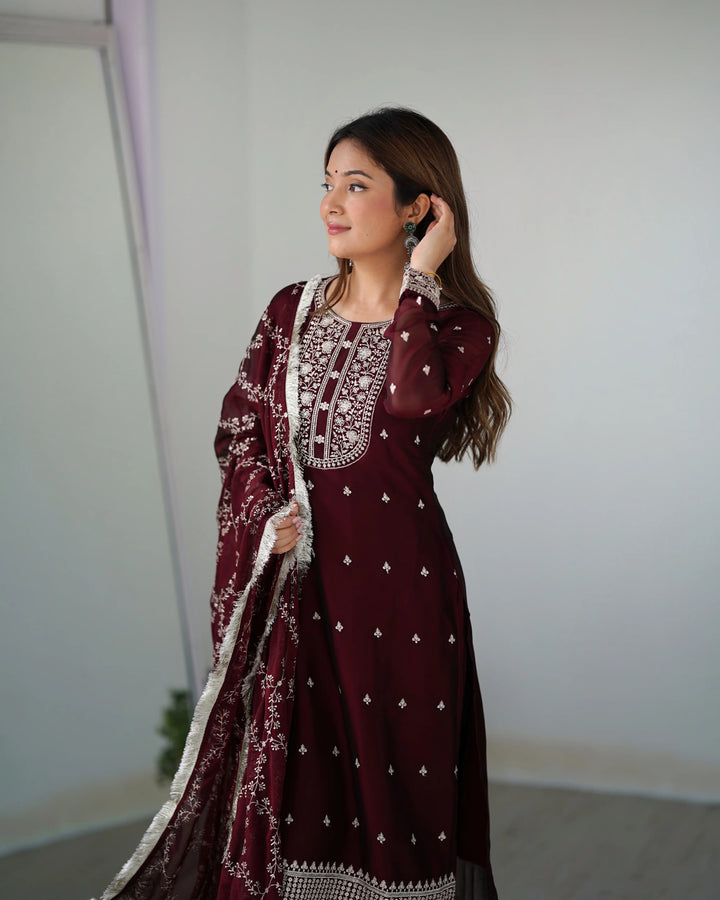 Classic In Maroon Embroidery Sequence And Thread Work  Ready To Wear Salwar suit - qivii