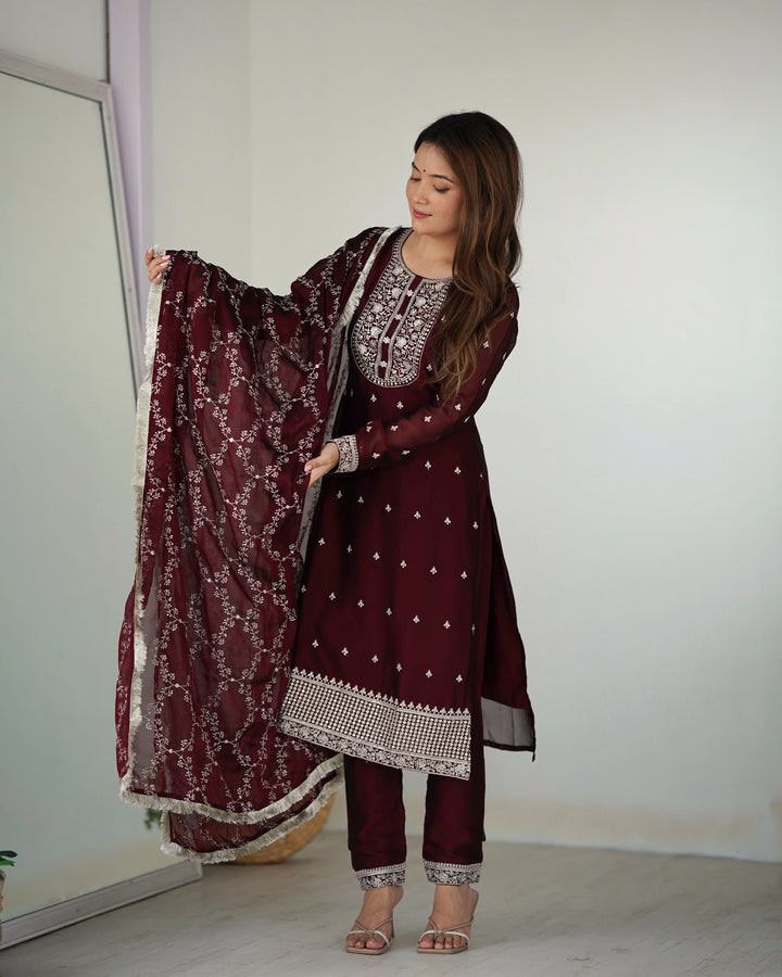 Classic In Maroon Embroidery Sequence And Thread Work  Ready To Wear Salwar suit - qivii