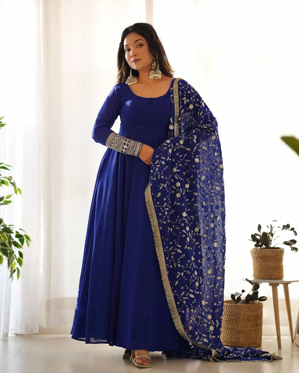 Royal Blue Designer Georgette Gown With Heavy Embroidery Work Dupatta
